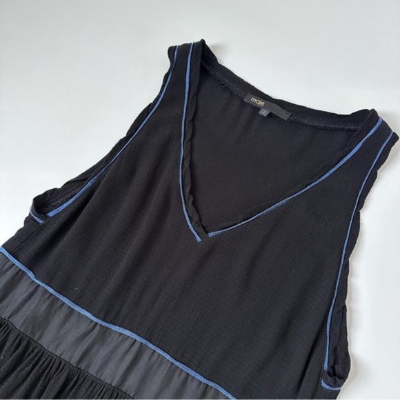[SOLD] MAJE The Ruben Black & Blue Trim Silk Sleeveless Chiffon Dress Size M - Picture 5 of 14